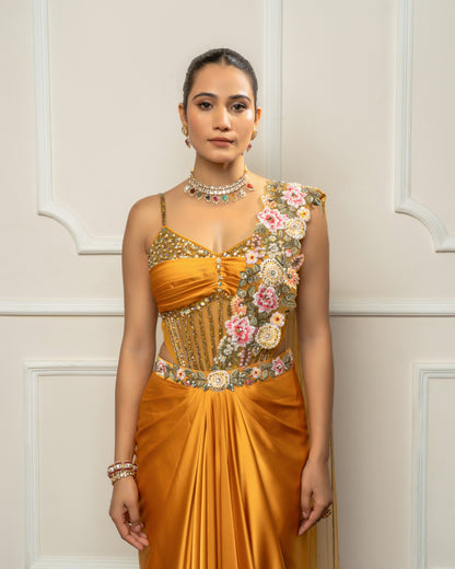 Mustard yellow drape saree set with bodysuit