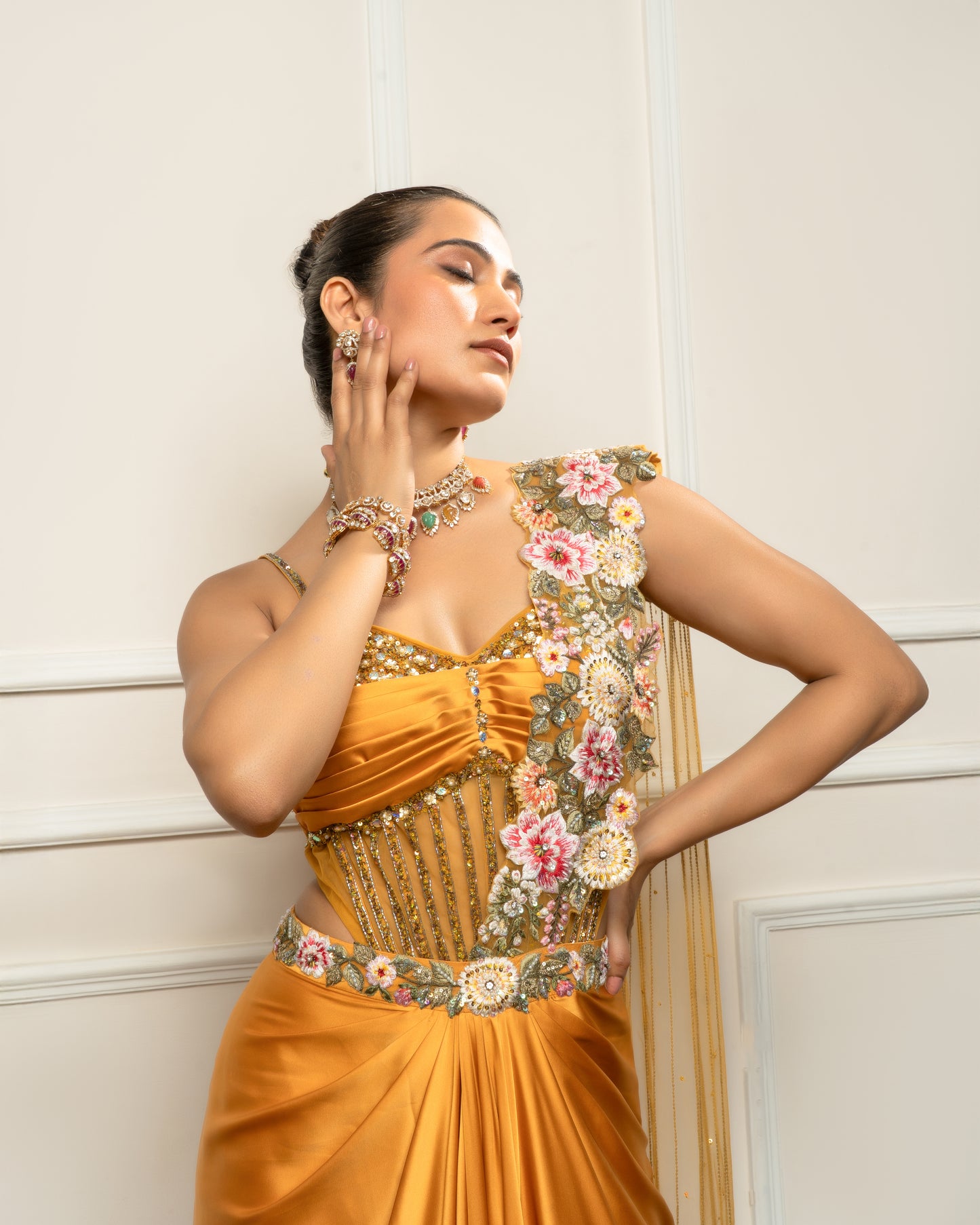Mustard yellow drape saree set with bodysuit