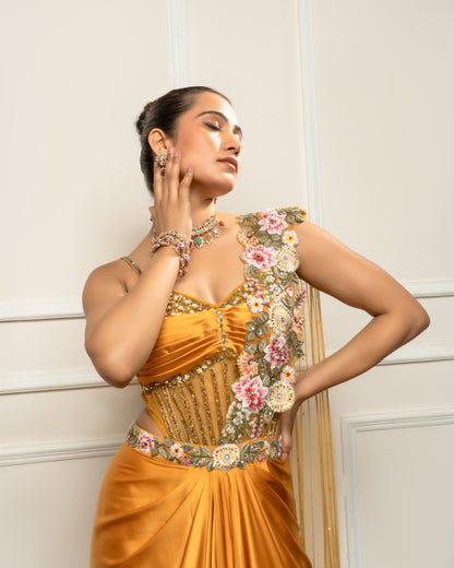 Mustard yellow drape saree set with bodysuit