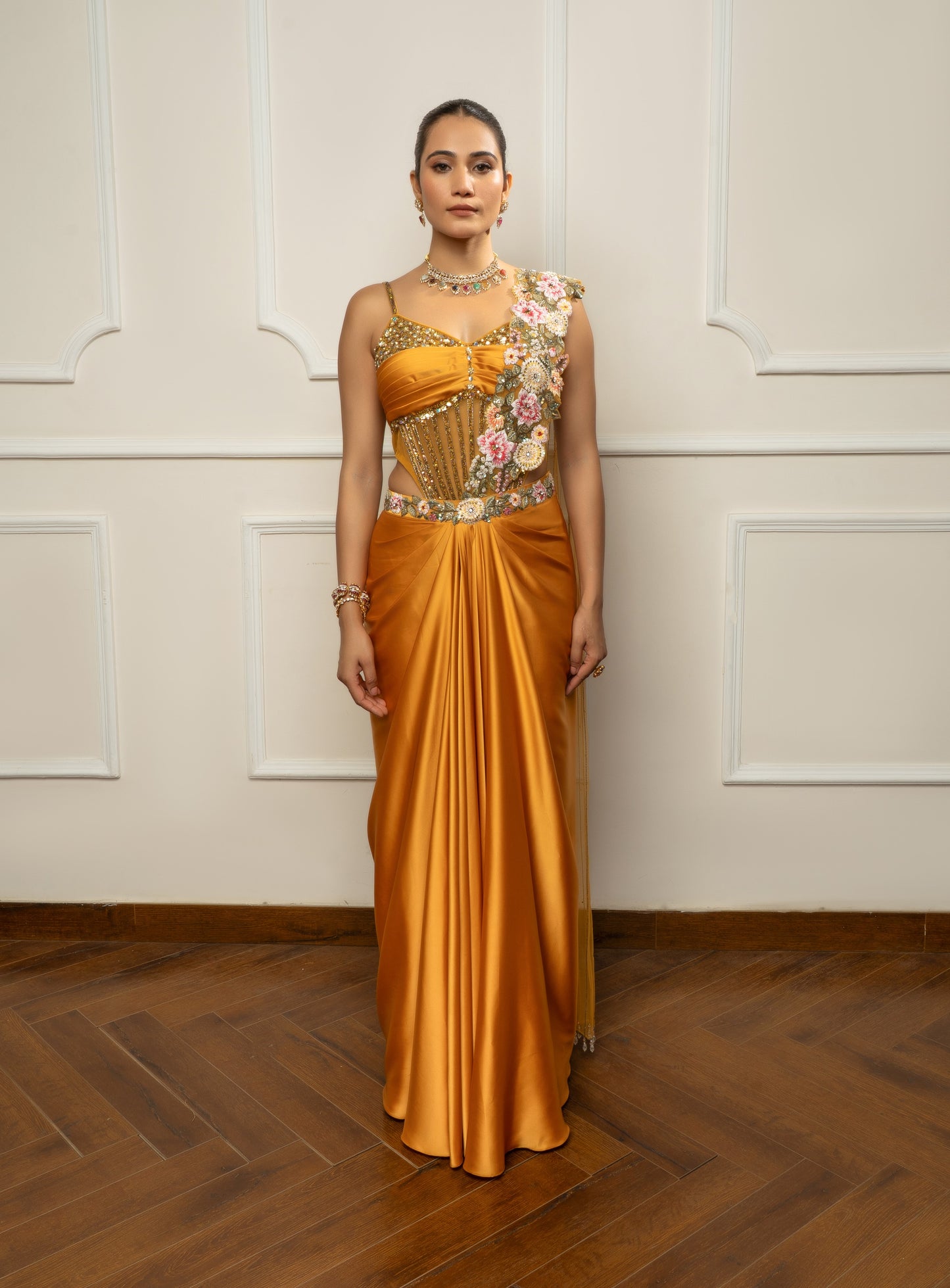 Mustard yellow drape saree set with bodysuit