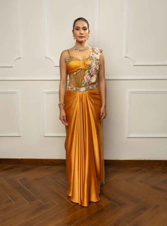 Mustard yellow drape saree set with bodysuit