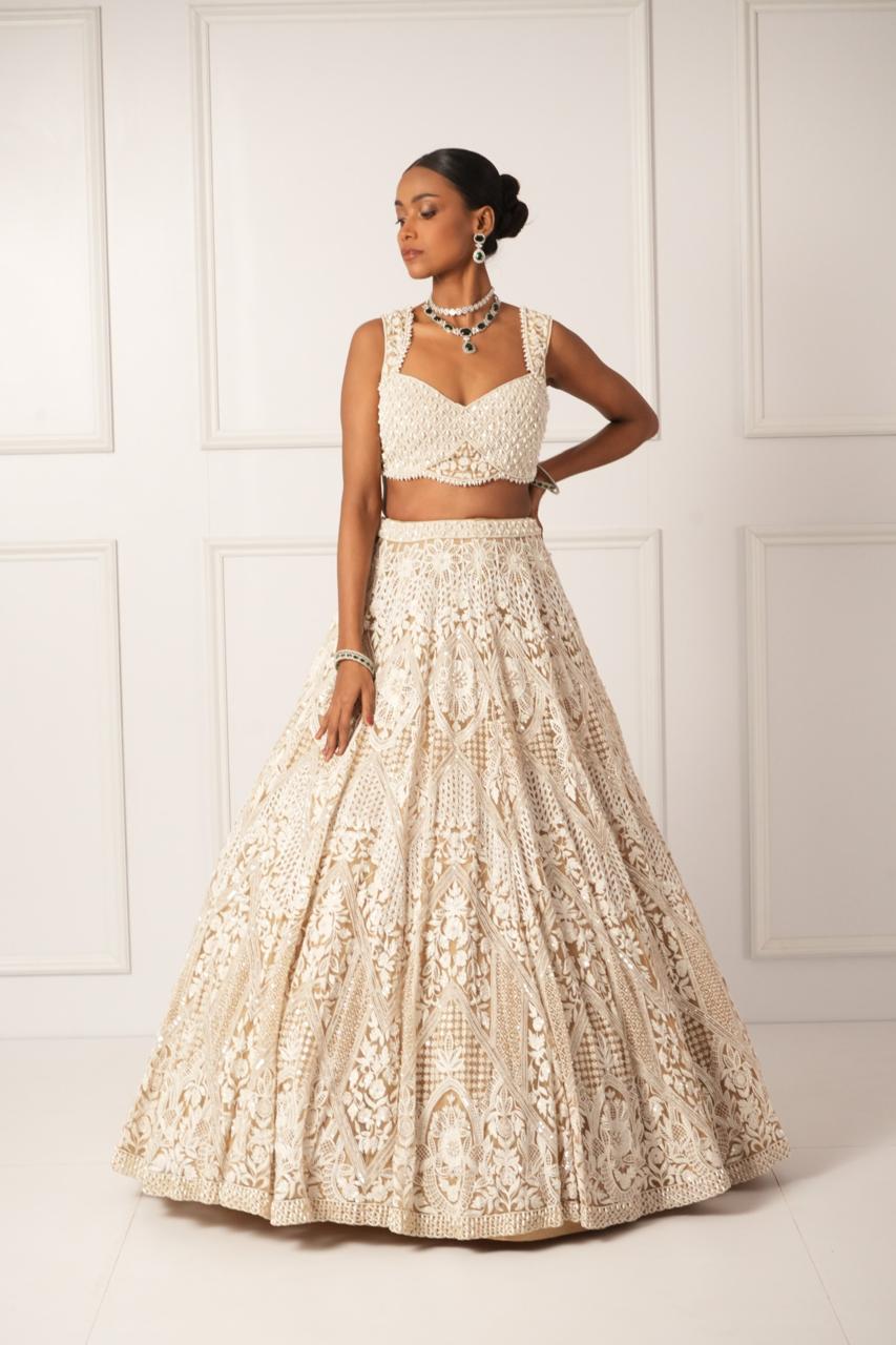 Beige pearl embroidered lehenga set