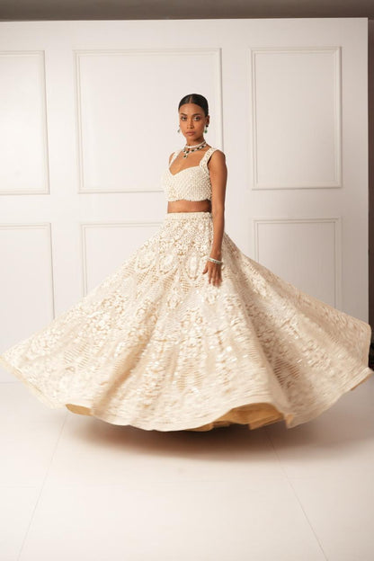 Beige pearl embroidered lehenga set