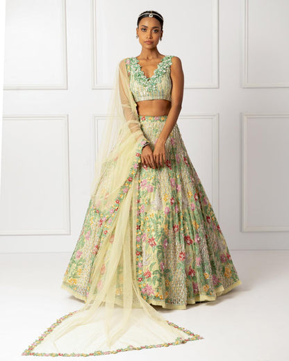 Green floral 3D lehenga set