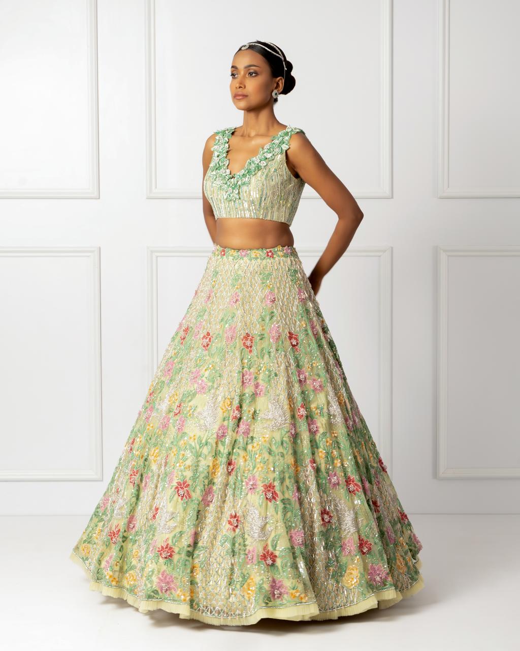 Green floral 3D lehenga set