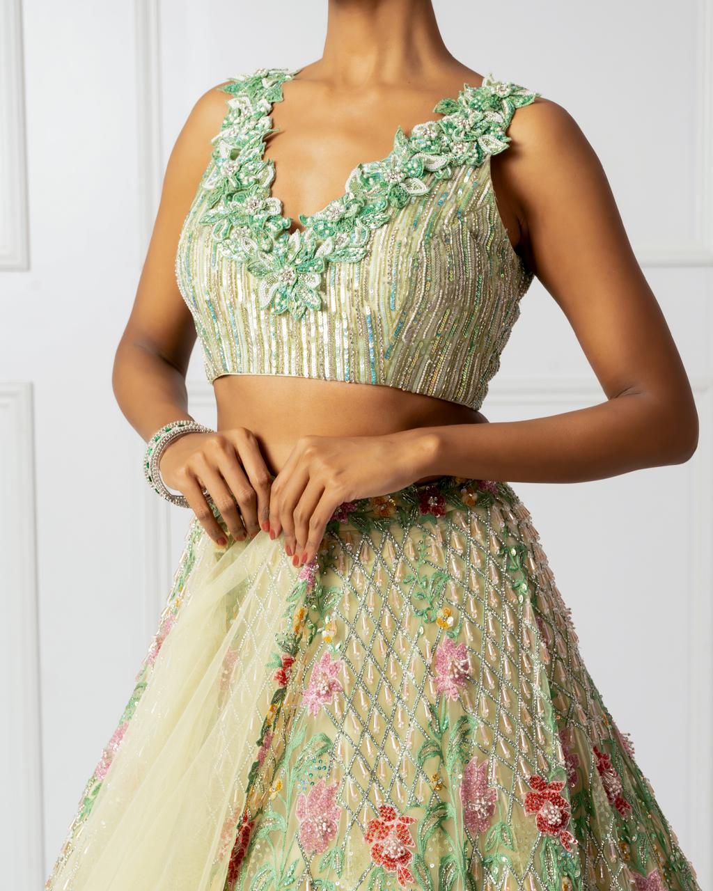 Green floral 3D lehenga set