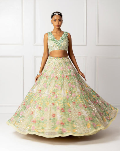 Green floral 3D lehenga set