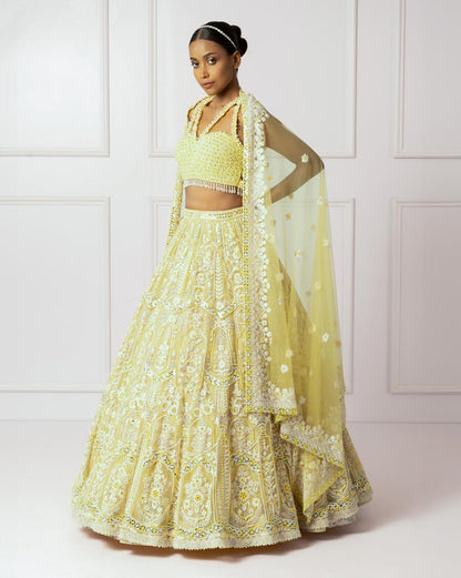 Yellow and ivory floral lehenga