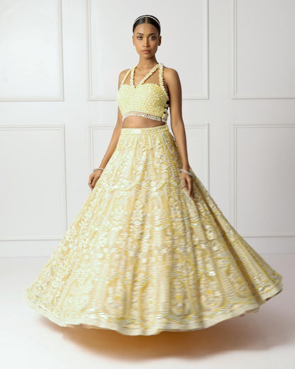 Yellow and ivory floral lehenga