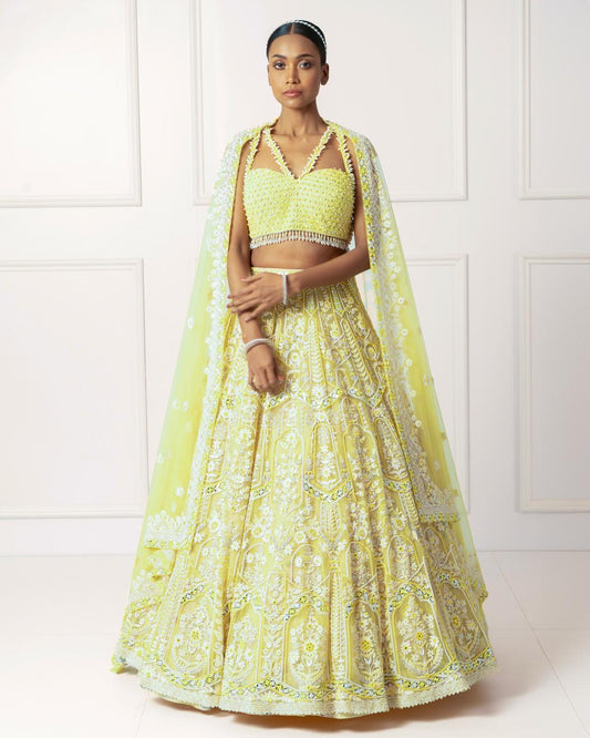 Yellow and ivory floral lehenga