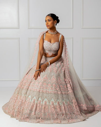 Blue and pink embroidered lehenga set