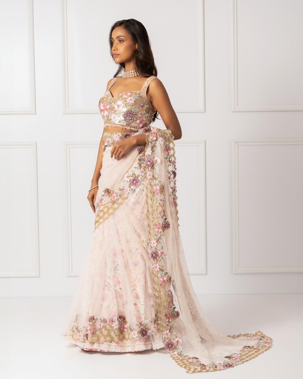 Pink embroidered drape saree set