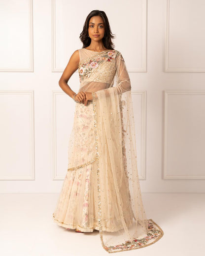 Golden embroidered drape saree set