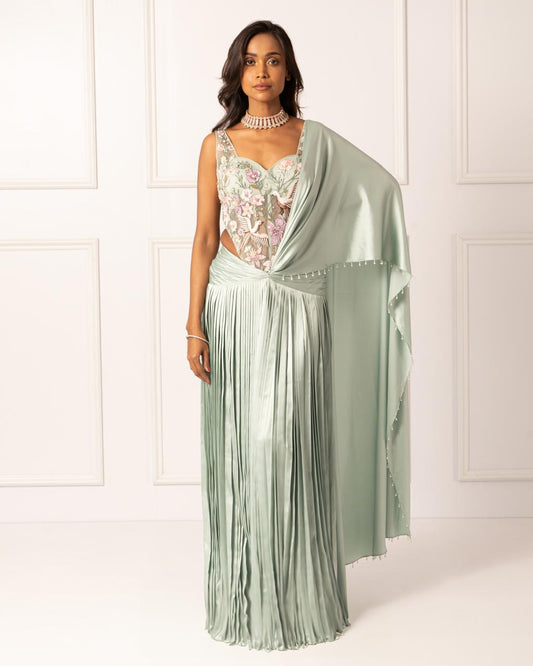 Sage green drape saree set